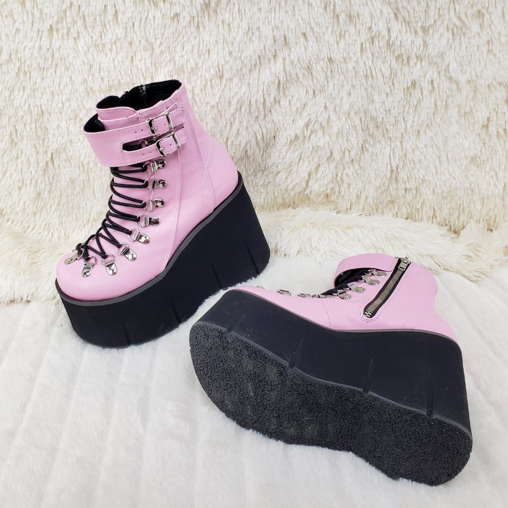 Goth 4 1/2" Platform  Faux Lace-Up Ankle Boot in Pink - Picture 4 of 12